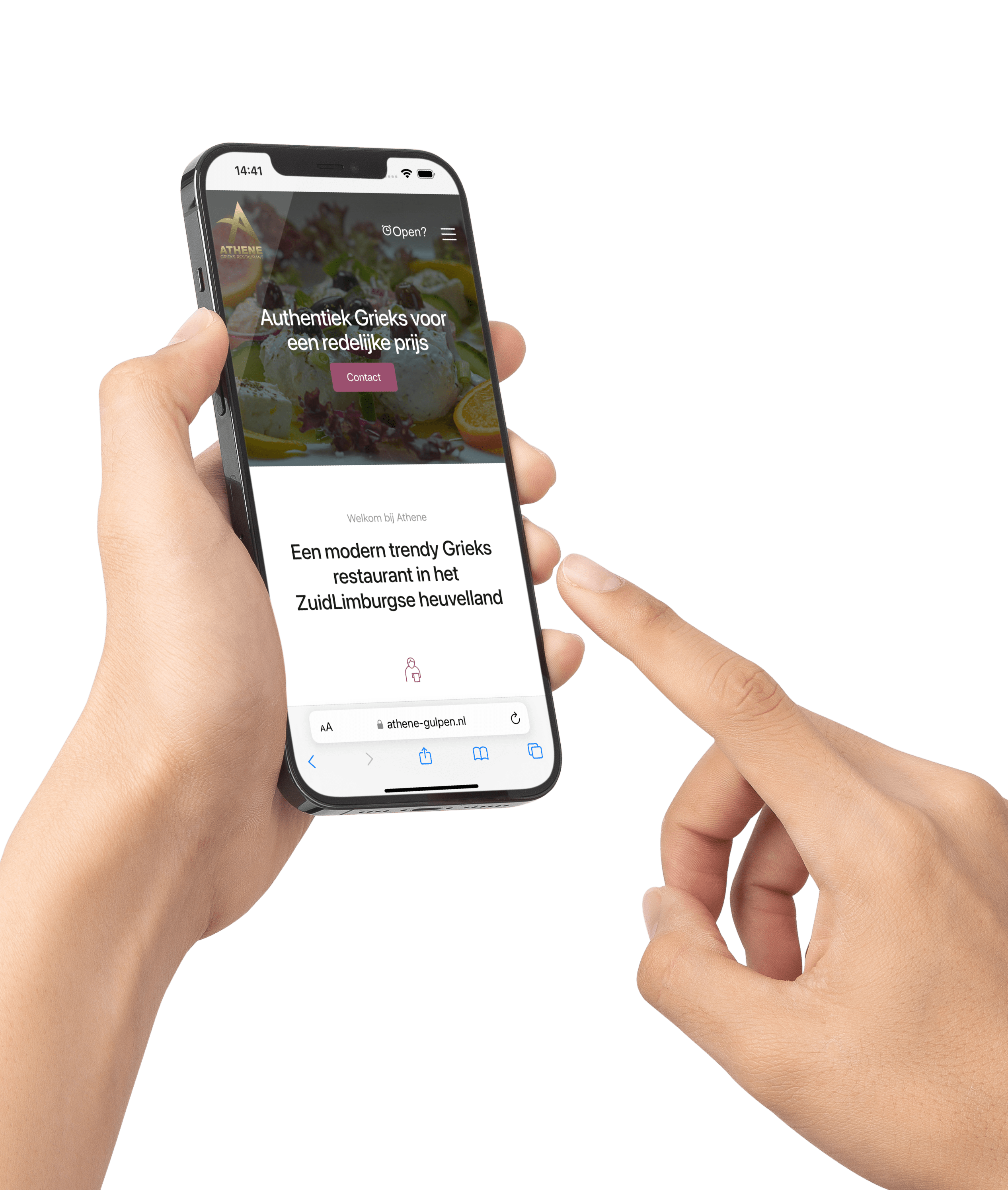 Hand met mobile telefoon en daarop de website van Grieks restaurant Athene