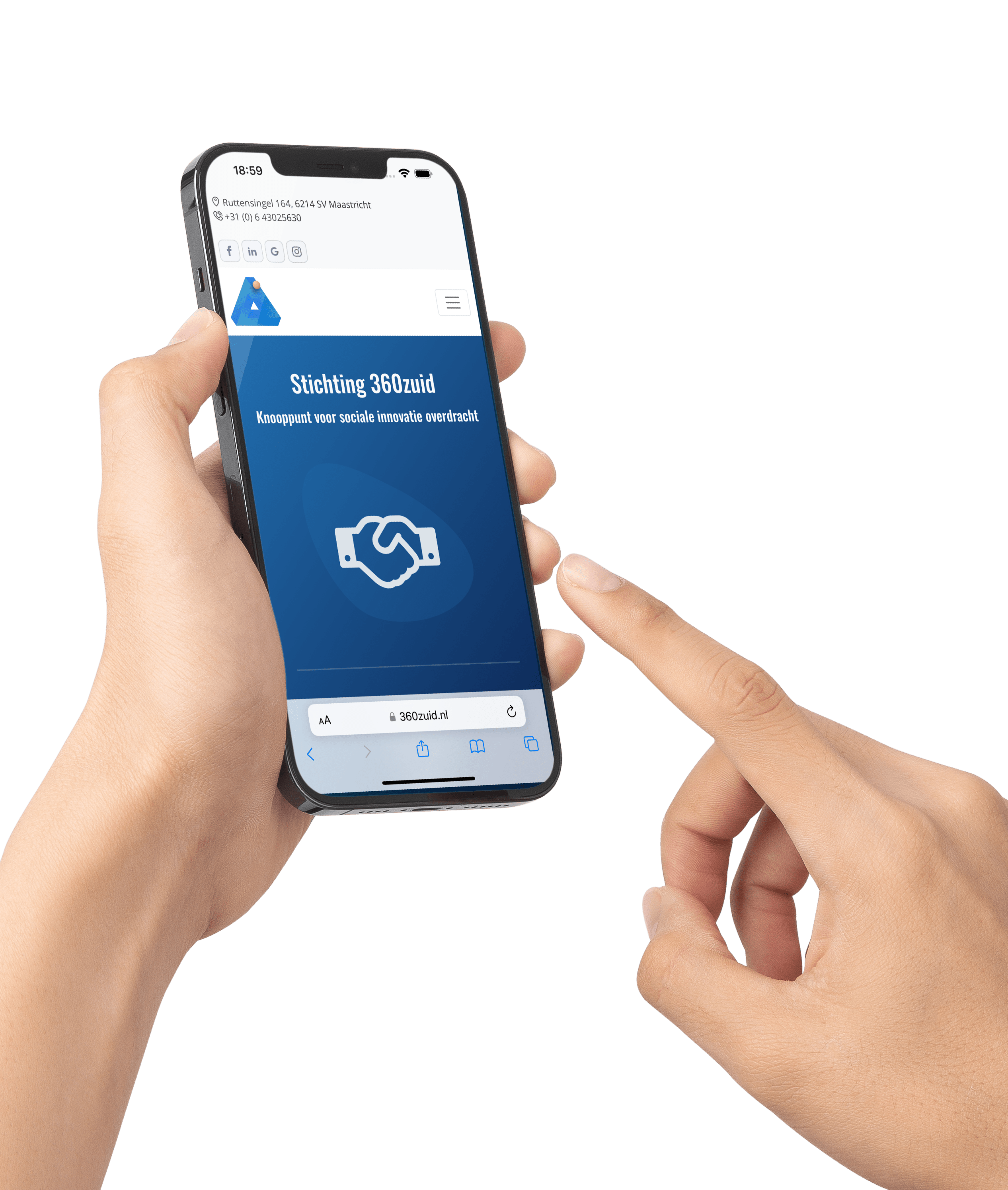 Hand with mobile phone and on it the website of the 360zuid Foundation, a partnership with the municipality of Maastricht.
