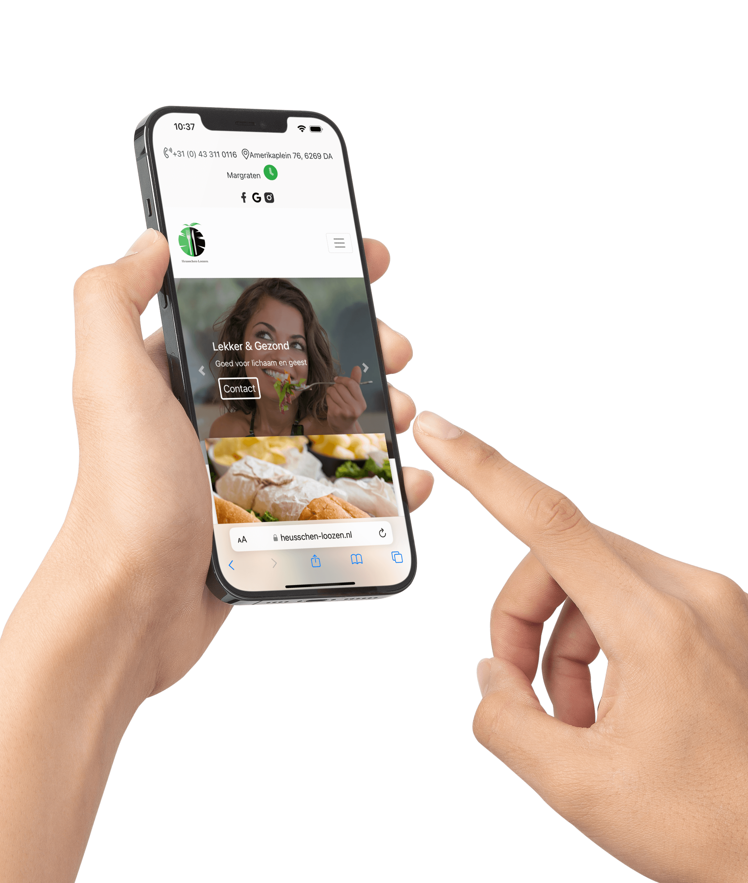 Mobile phone in a hand with the website of Heusschen-Loozen vegetables, fruit and more in Margraten on the phone
