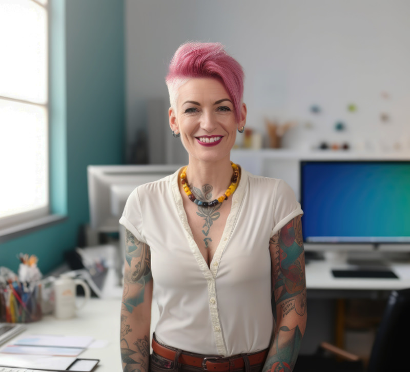 Vrouw met gekleurd haar en tattoos in de studio van AllMediaLab webdesign.