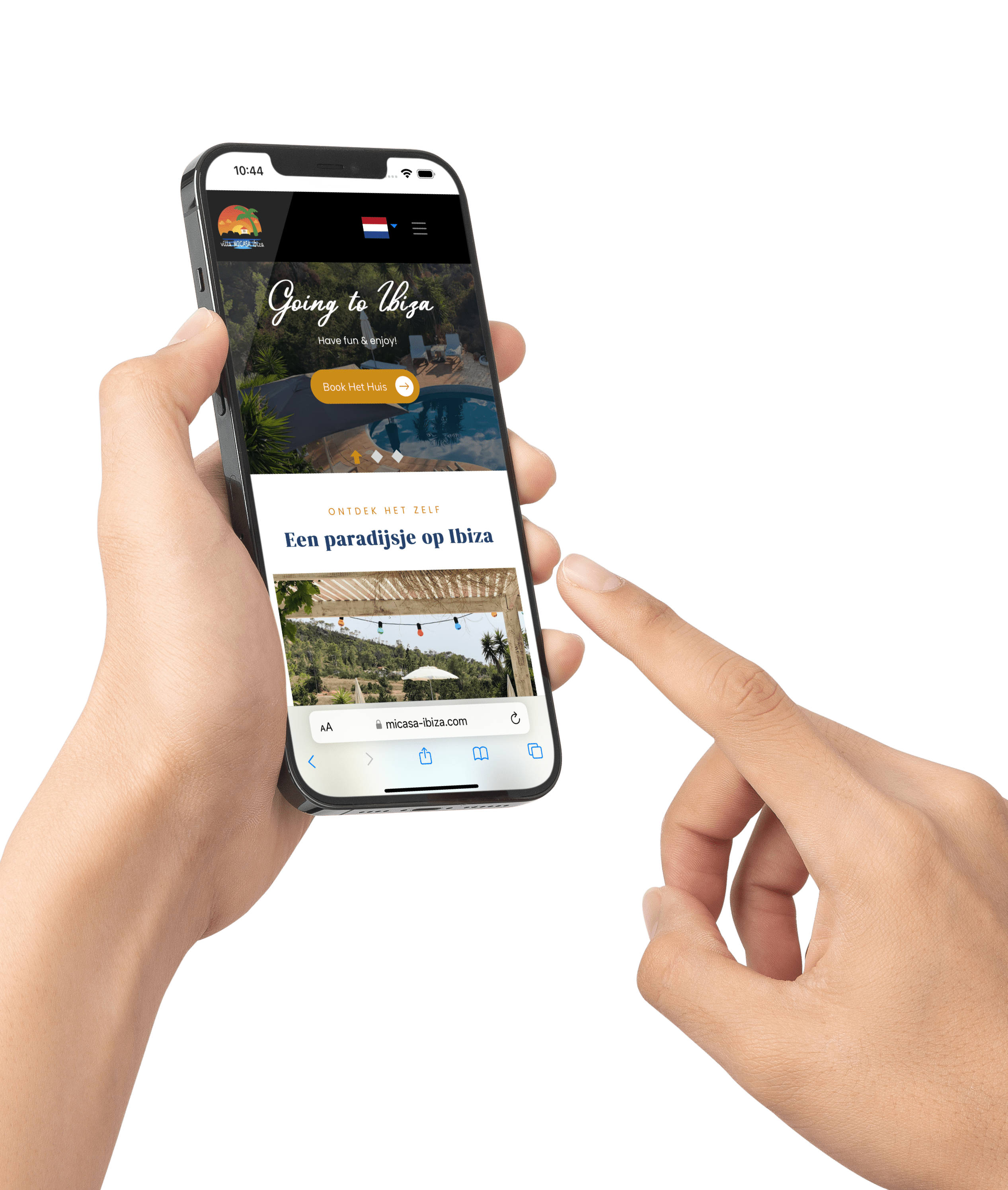 Hand with mobile phone and the website of Micasa Ibiza in Spain.